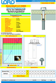 Datenblatt mit Abflusskurve und CAD Systemzeichnung : LORO-X DRAINLET Flachdachentwässerungssystem, Serie 84(DL) einteilig ohne Wärmedämmung, Auslauf senkrecht, für Hauptentwässerung mit Freispiegelströmung, Abflussleistung 3,1 l/s bei 35 mm Wasserhöhe auf dem Dach, mit Klemmflansch als Los- und Festflanschkonstruktion inklusive Kompressionsdichtungen, für Bitumen- und Kunststoff- Abdichtungsbahnen, DRAINLET-Haube aus Edelstahl, nach DIN EN 1253, Leistungsnachweis gemäß LX-Datenblatt LX2308, Ablauf aus Edelstahl, DN 80